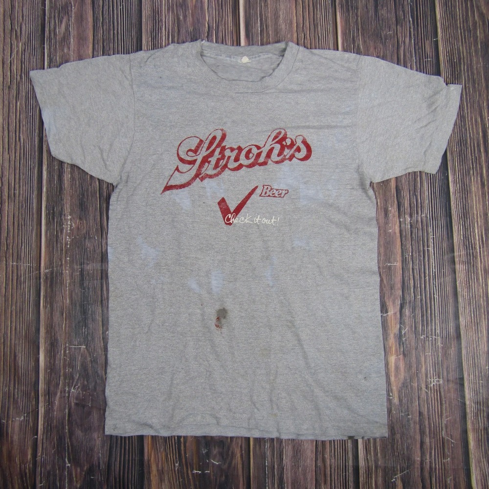 Vintage Strohs Beer Shirt Mens Medium Gray Stroh Light Promo Graphic Tee 80s 90s